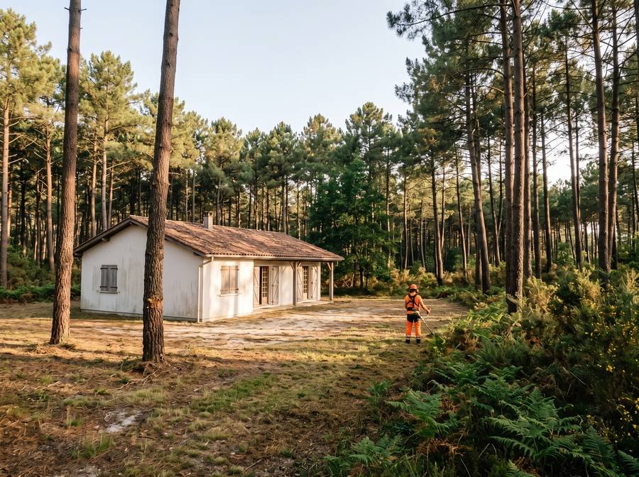 Maison landaise entourée de pins maritimes, avec une zone débroussaillée autour de l'habitation
